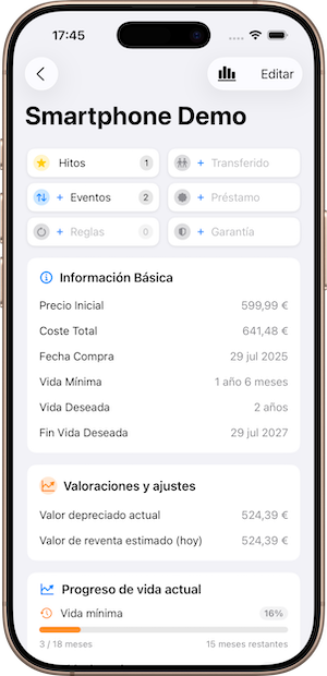 Detalle de ítem con eventos y garantías