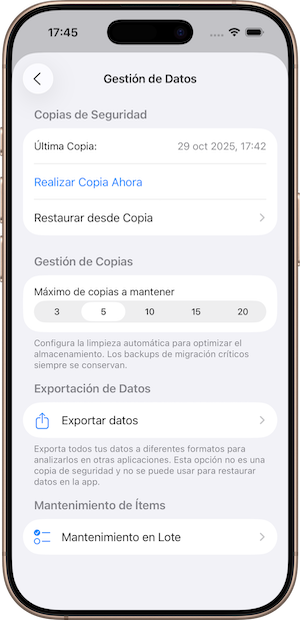 Panel para administrar y respaldar datos